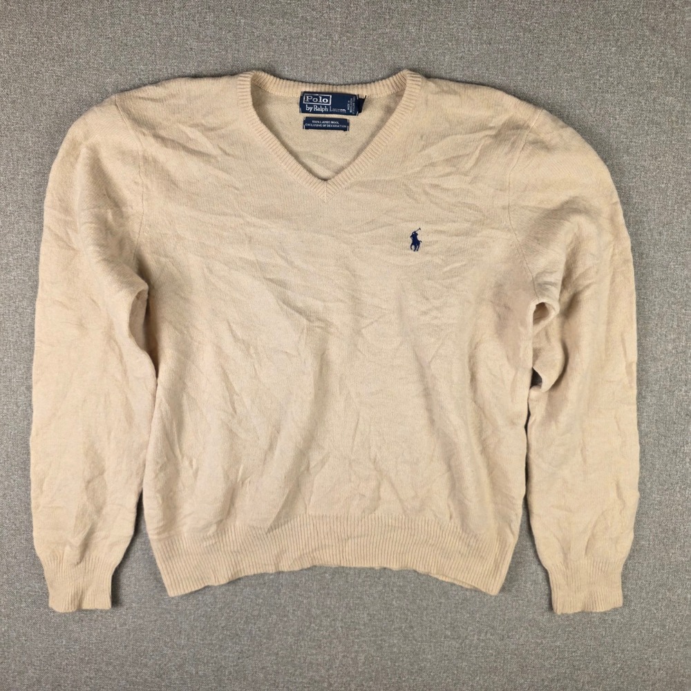 Polo Ralph Lauren Mens XL Lambswool V Neck Sweater Cream Preppy Old Money